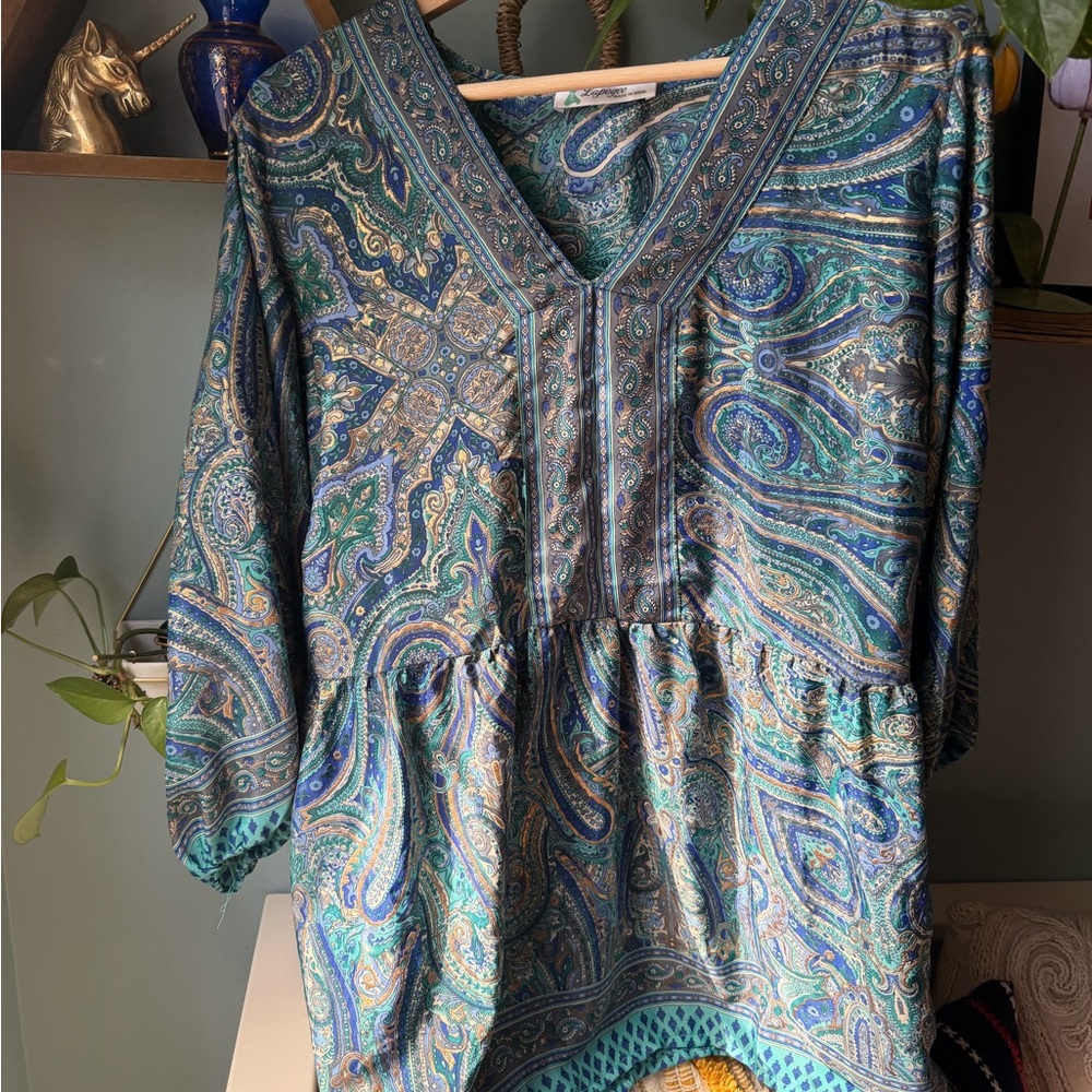 Lagogee Paisley Boho Tunic Blouse, Size 1X, Made in India, Flow Sleeve
